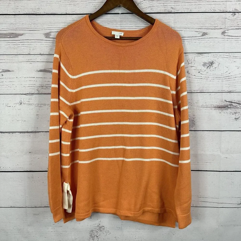 J Jill Sweater Womens XL Orange Striped Knit Boxy‎ Ties Casual Lagenlook Stretch